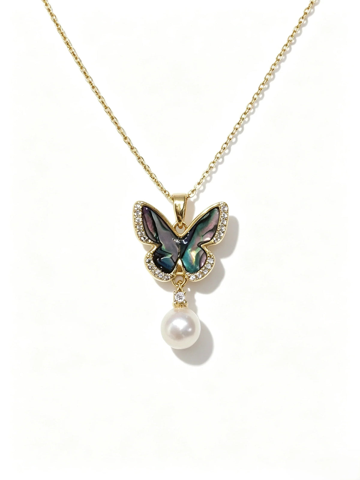 Iridescent Abalone Shell Butterfly Pendant Necklace, Lustrous Natural Freshwater Pearl Necklace for Ladies