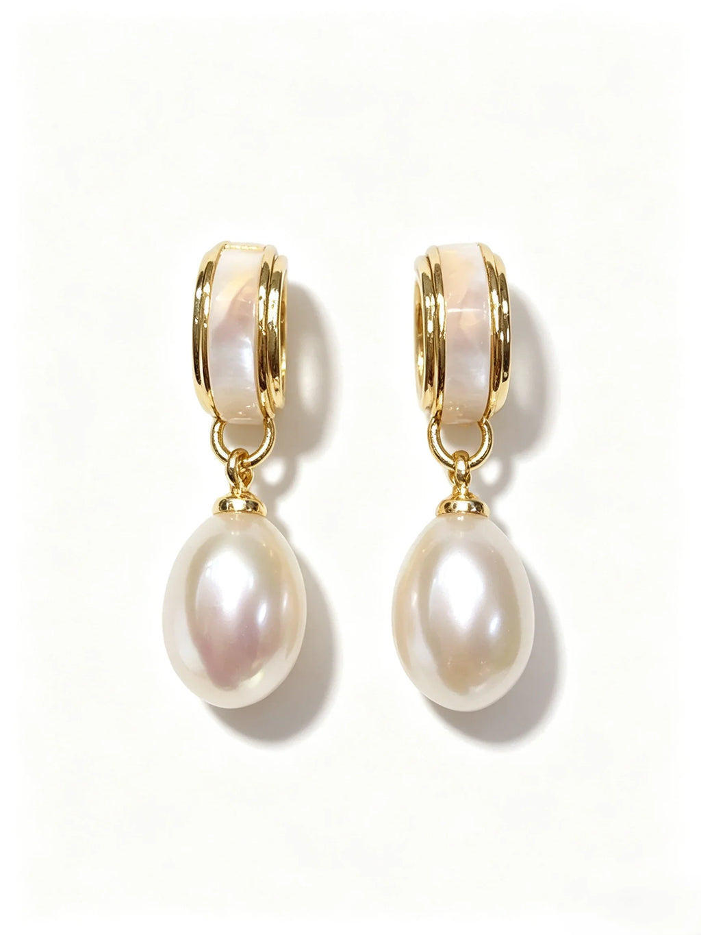 Shell Inlay Teardrop Freshwater Pearl Drop Earrings, Elegant Gold‑Tone Dangle Earrings for Women