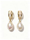 Shell Inlay Teardrop Freshwater Pearl Drop Earrings, Elegant Gold‑Tone Dangle Earrings for Women