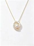 Crescent Moon Natural Freshwater Pearl Pendant Necklace, Mother‑of‑Pearl Inlay Dainty Gold Tone Necklace for Women