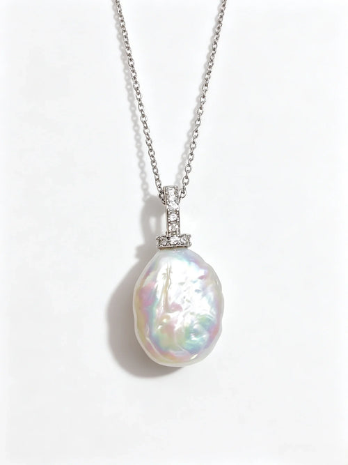 Baroque Natural Freshwater Pearl Pendant Necklace, Pave Crystal Bail Gold & Silver Tone Statement Necklace for Women