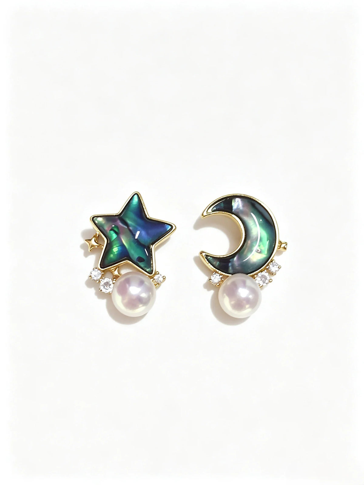 Star & Moon Abalone Shell Mismatched Stud Earrings, Natural Freshwater Pearl Gold‑Tone Earrings for Women