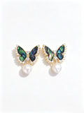 Butterfly Abalone Shell Drop Earrings, Natural Freshwater Pearl Gold‑Tone Crystal Statement Earrings for Women