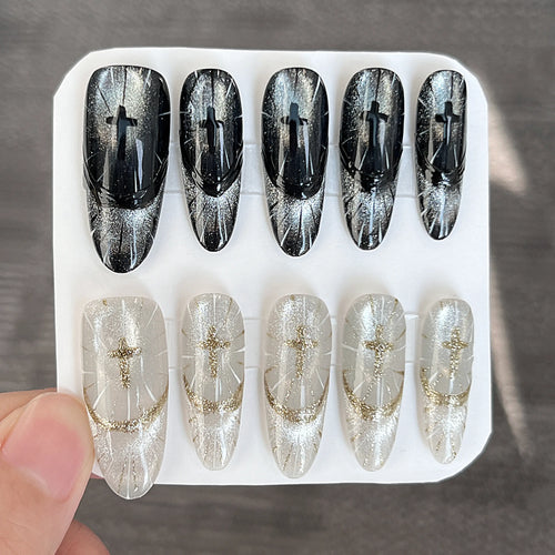 Black White Gothic Cross Almond Nails