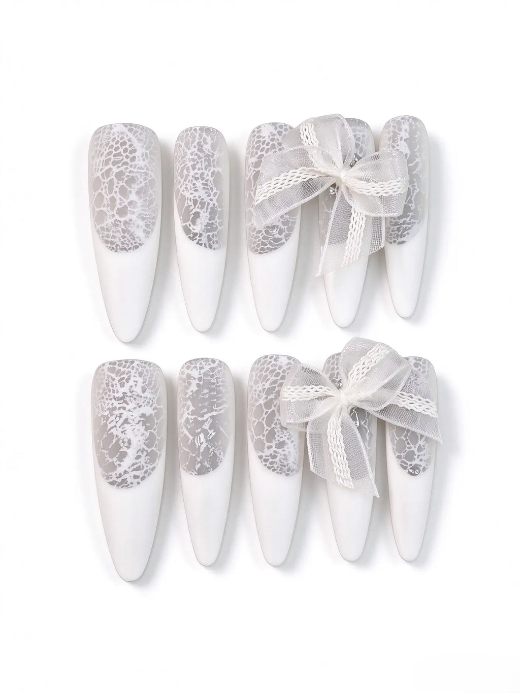 White Lace Bow Bridal Press On Nails, Handmade Long Coffin Nails