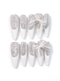 White Lace Bow Bridal Press On Nails, Handmade Long Coffin Nails