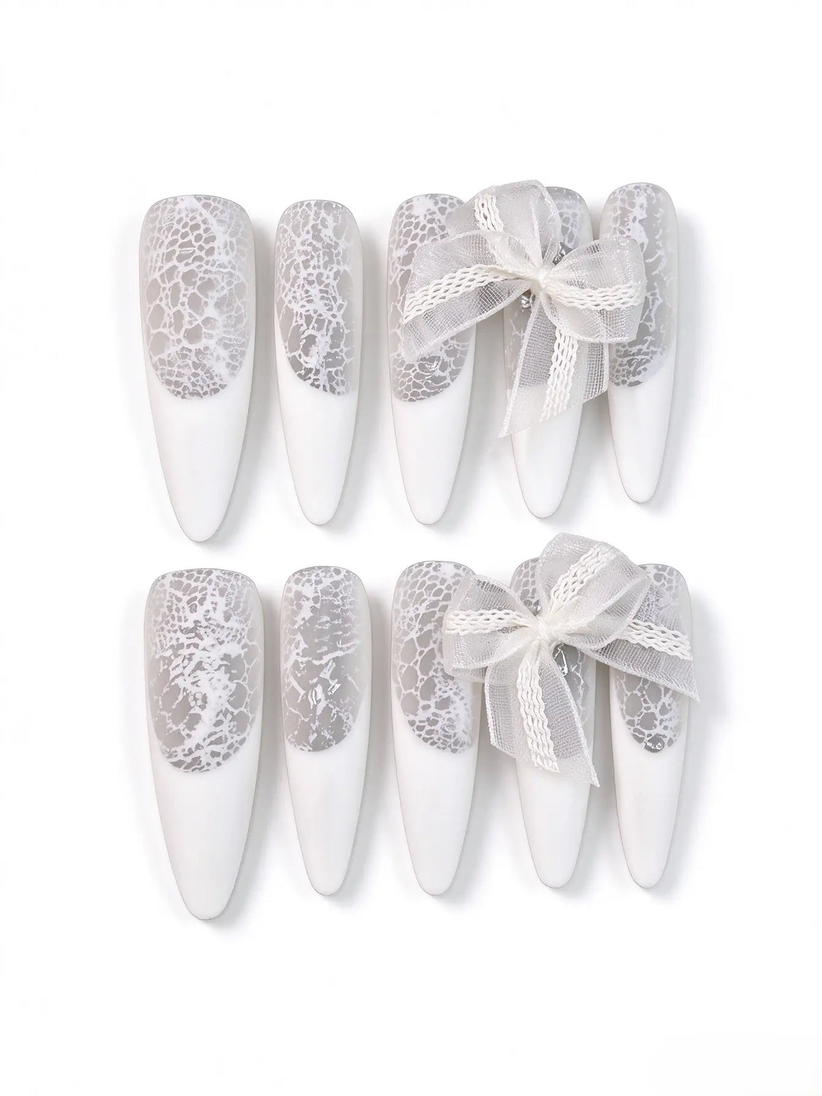 White Lace Bow Bridal Press On Nails, Handmade Long Coffin Nails