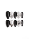 Black Silver Vintage Gem & Bead Medium Oval Nails