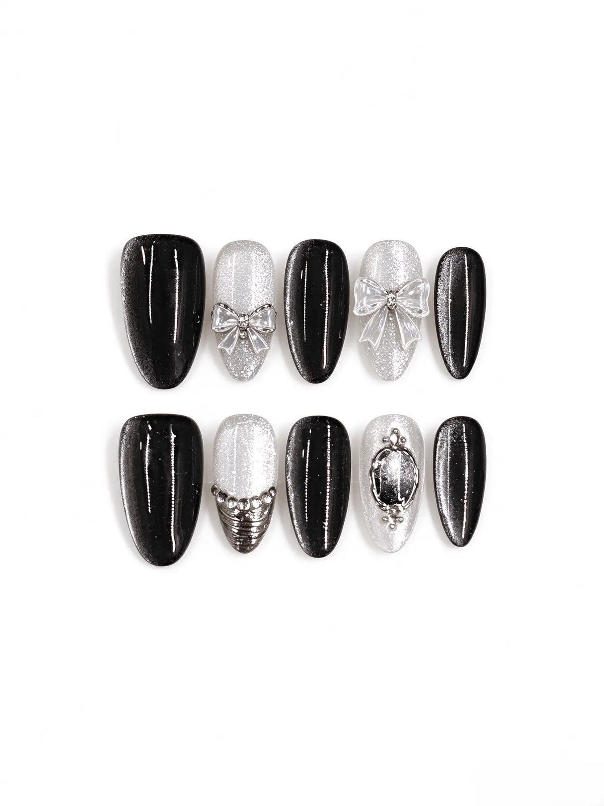 Black Silver Vintage Gem & Bead Medium Oval Nails