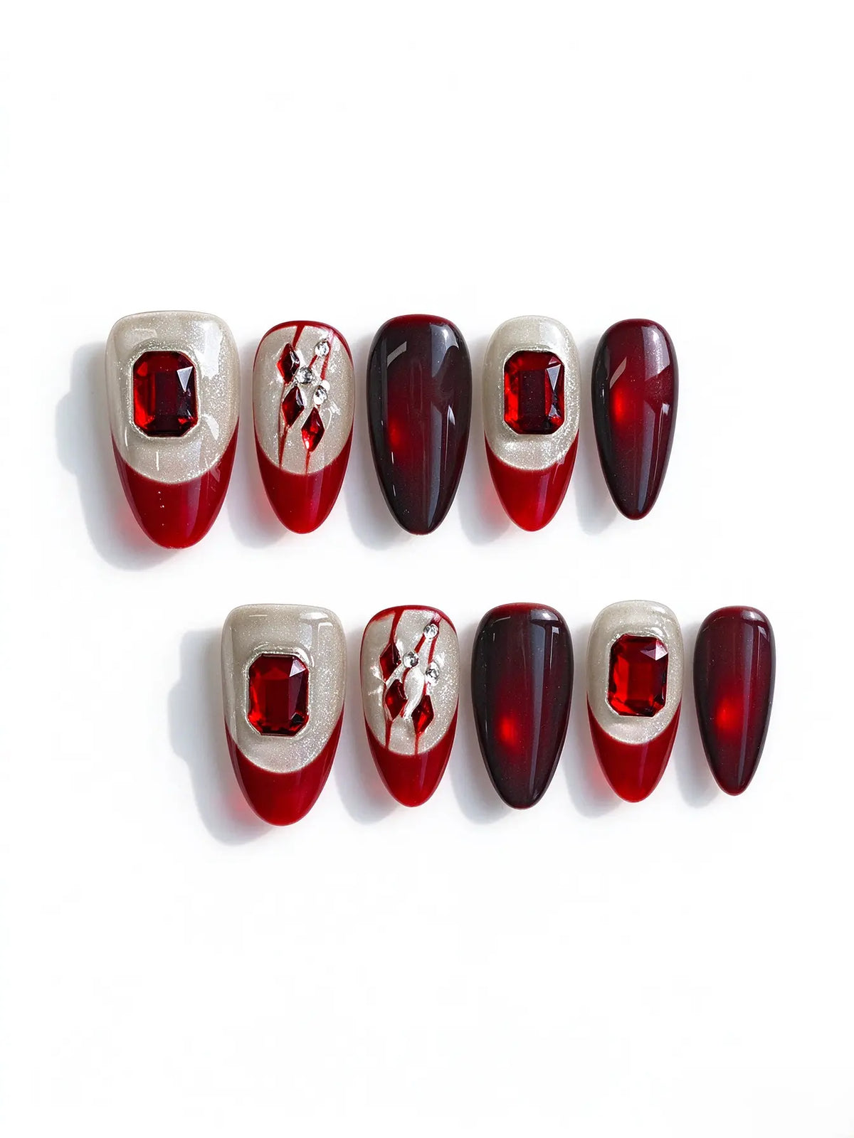 Red Ruby Rhinestone Almond Press On Nails
