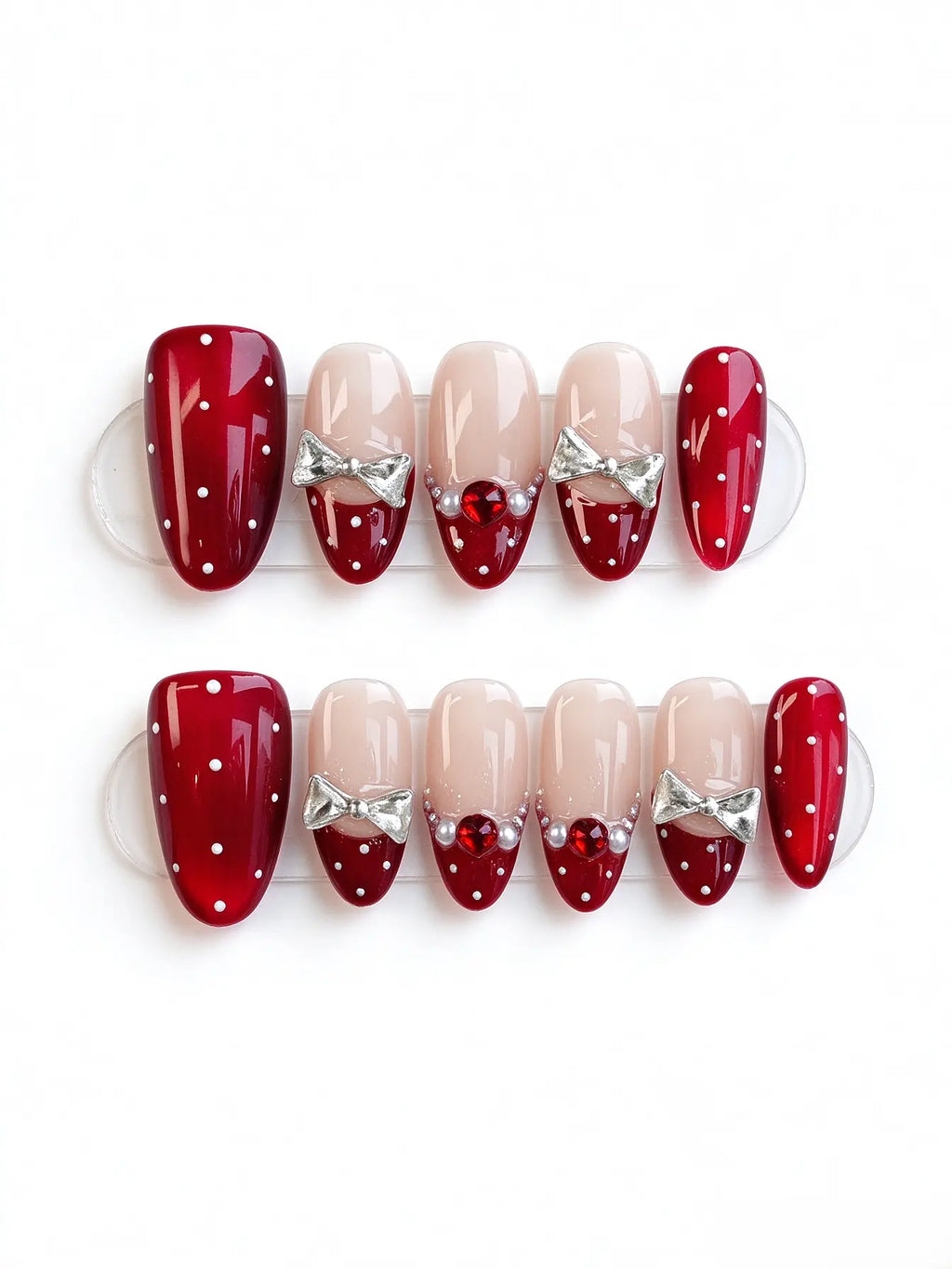 Red Polka‑Dot Silver Bow French Medium Almond Nails