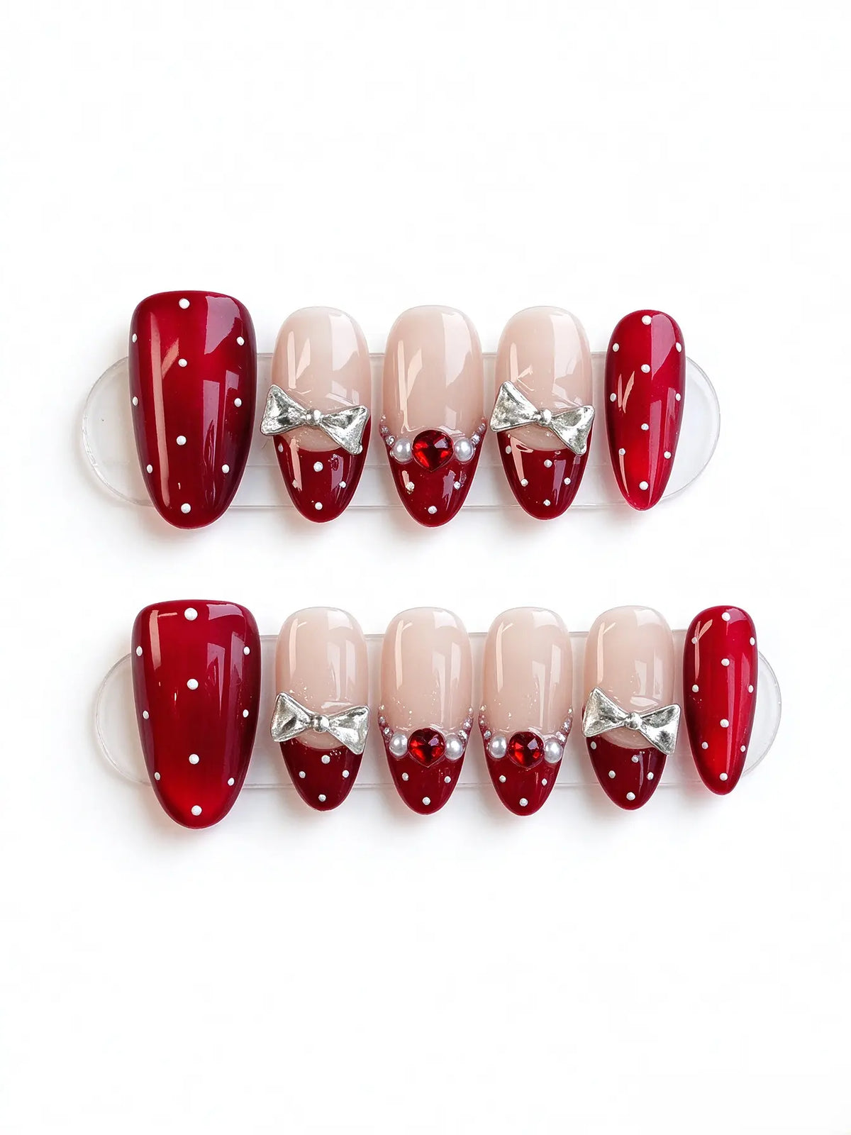 Red Polka‑Dot Silver Bow French Medium Almond Nails