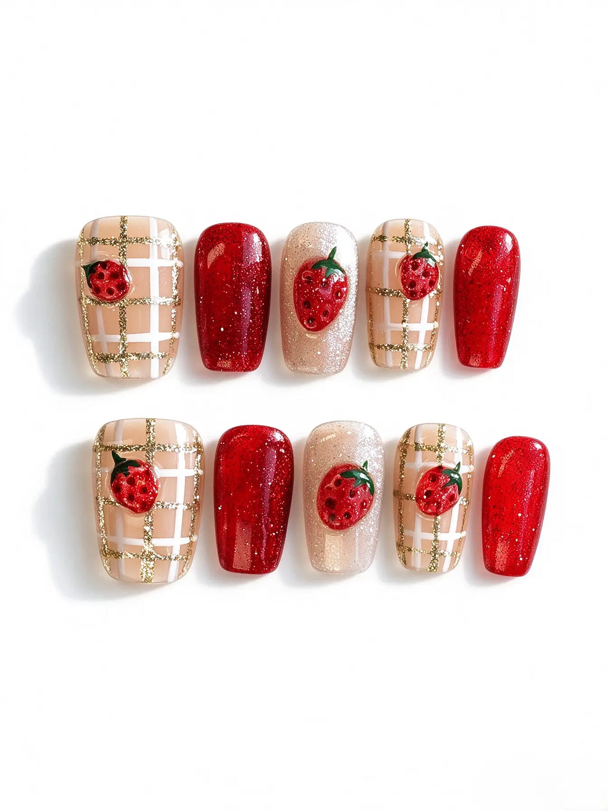 Strawberry Plaid Coffin Press On Nails