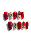 Red Cat‑Eye Multi‑Gem Medium Almond Nails