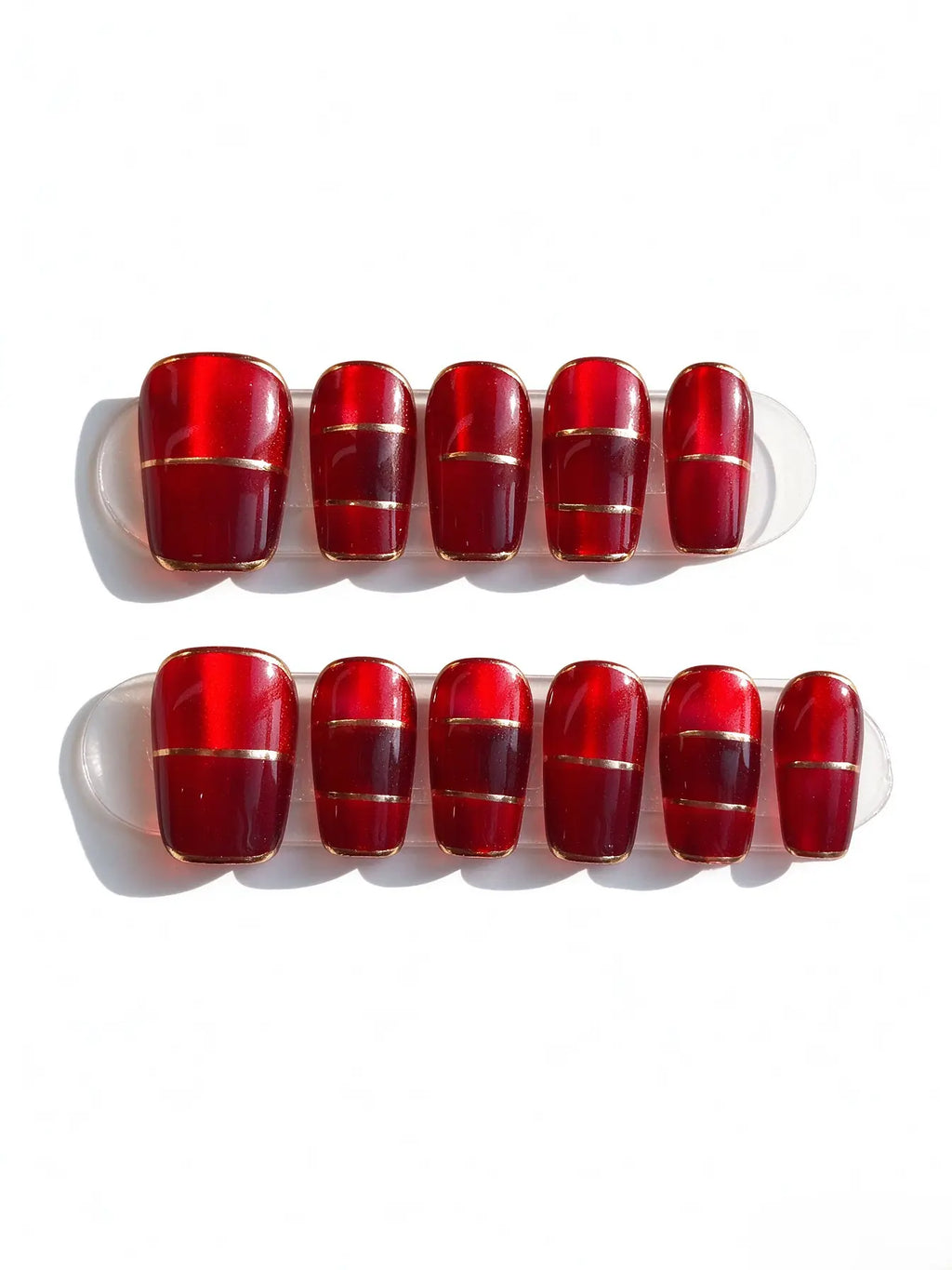 Red Cat‑Eye Gold Line French Medium Square Nails