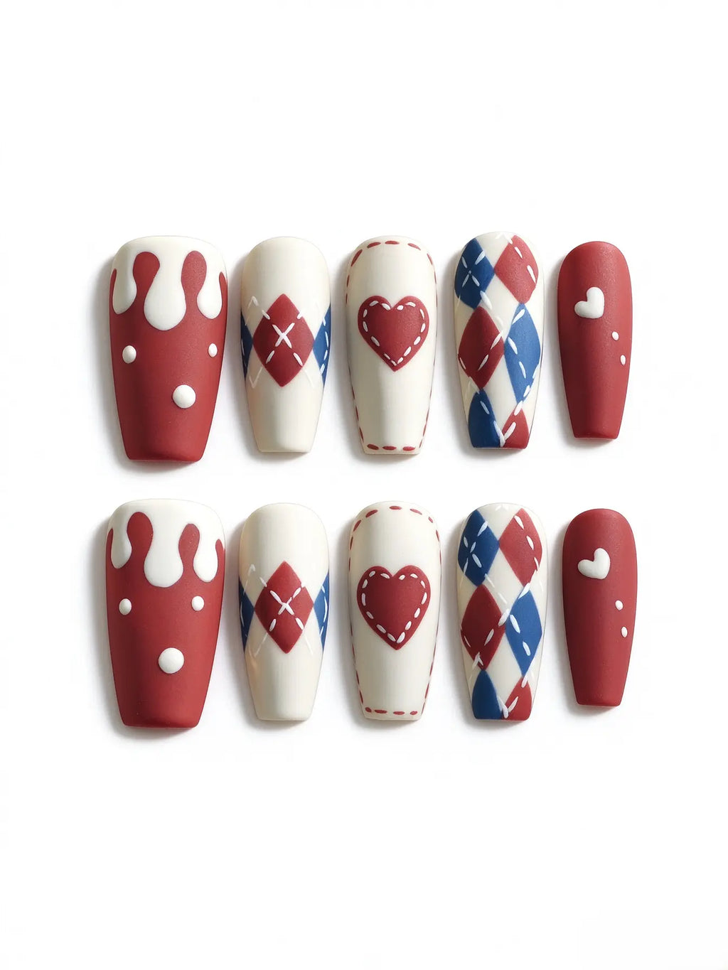 Retro Argyle Heart Drip Medium Coffin Nails