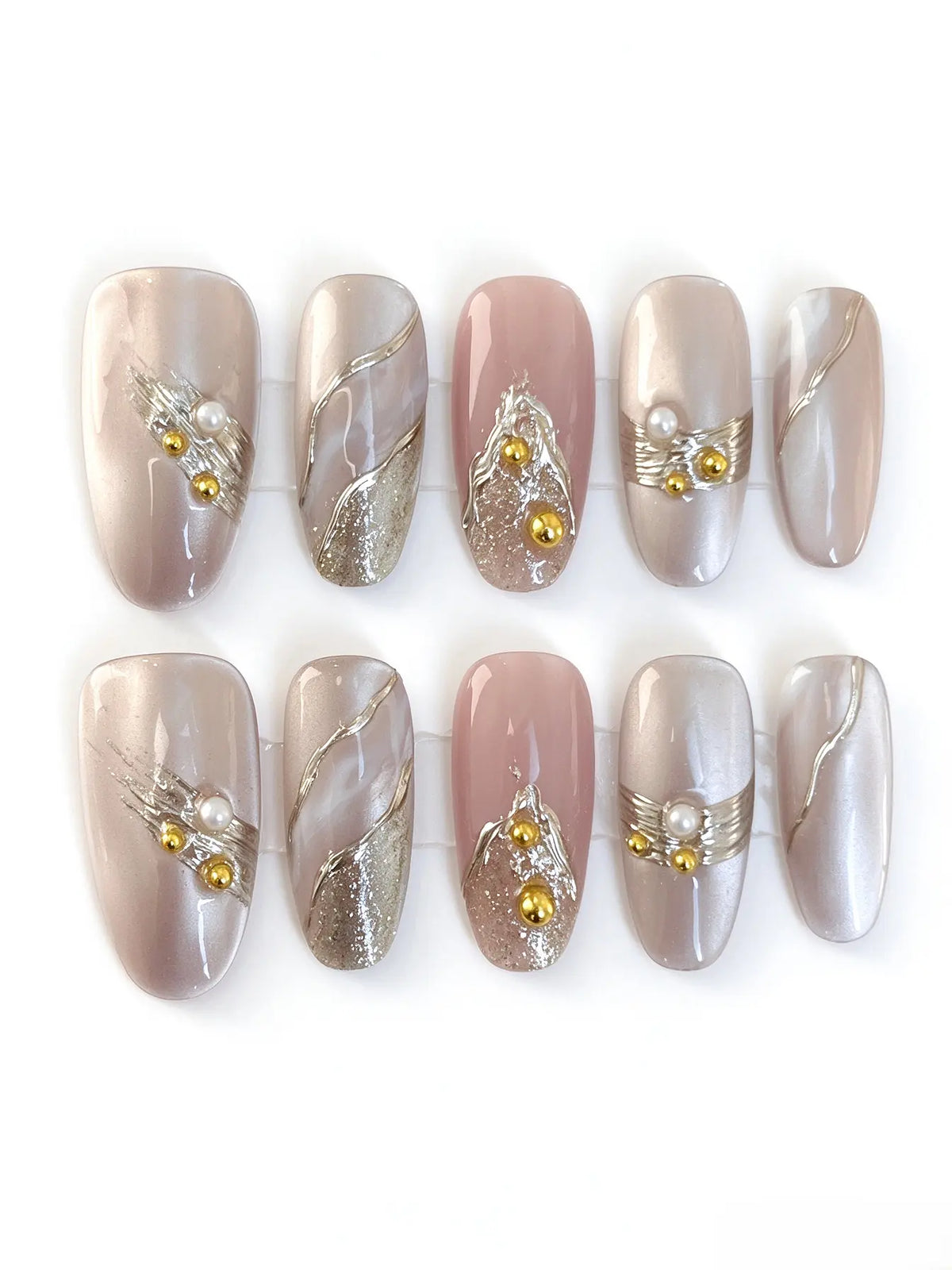 Nude Metallic Line Pearl Short Oval Press On Nails