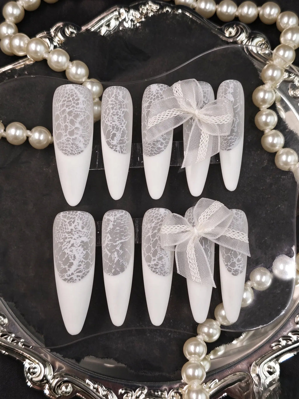 White Lace Bow Bridal Press On Nails, Handmade Long Coffin Nails