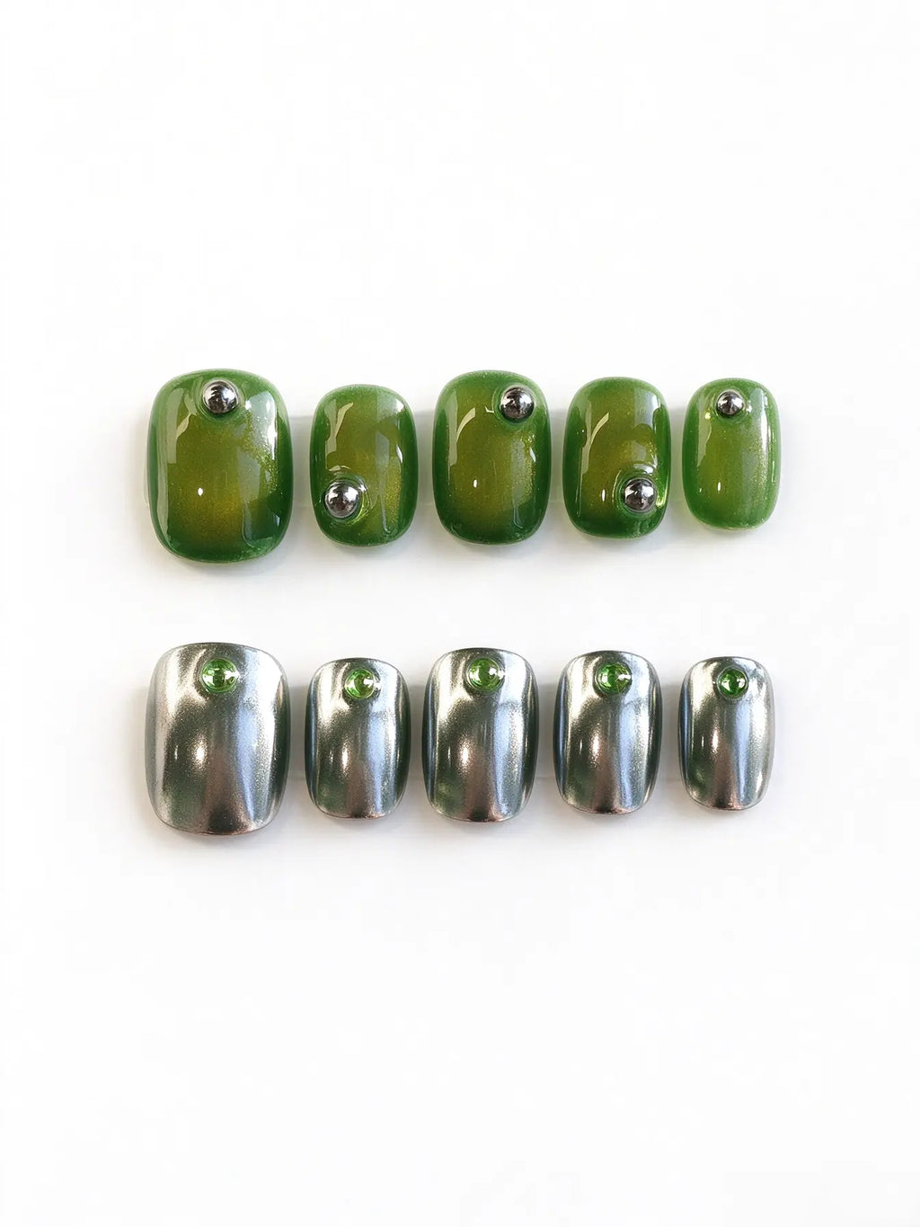 Olive Green Chrome Gem Short Square Nails