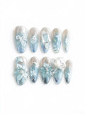 Ice Blue 3D Floral Lace Rhinestone Medium Almond Nails