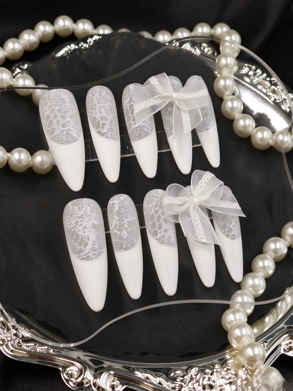 White Lace Bow Bridal Press On Nails, Handmade Long Coffin Nails