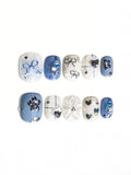 Dusty Blue 3D Bow Flower Heart Rhinestone Short Square Nails