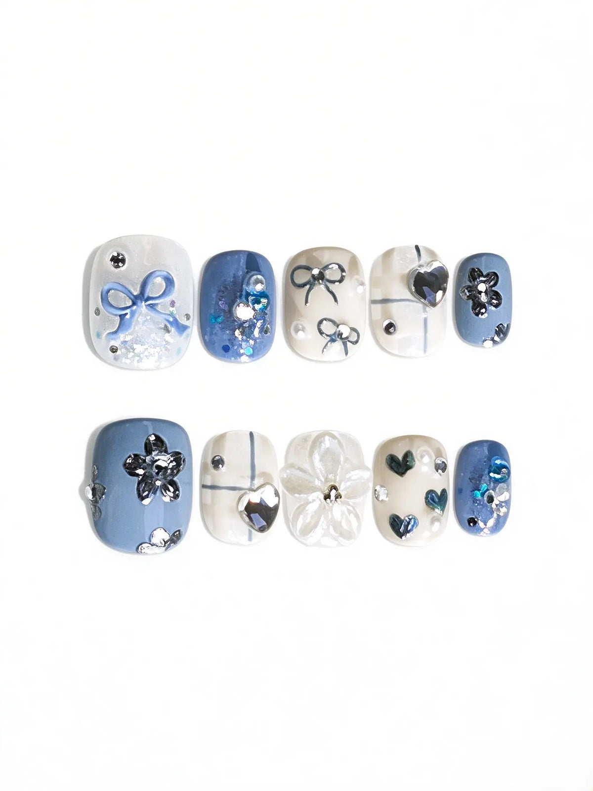 Dusty Blue 3D Bow Flower Heart Rhinestone Short Square Nails