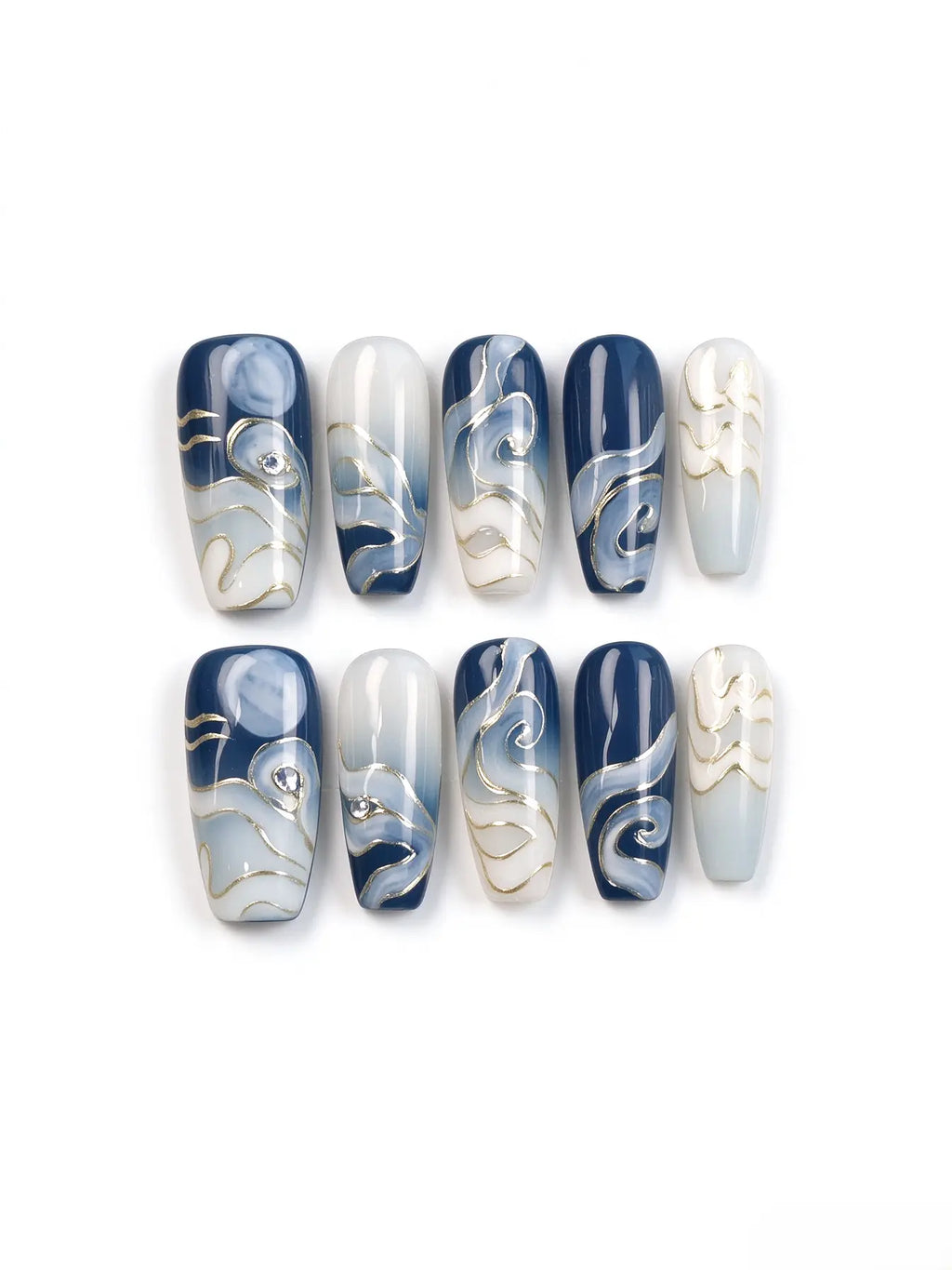 Navy Blue Wave Gold Line Medium Tapered Square Nails