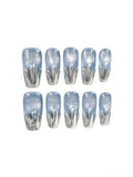 Smoky Blue Metallic Drip Water Drop Medium Tapered Square Nails