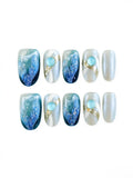 Ocean Mermaid Tail Blue Bead Gold Line Medium Square Nails