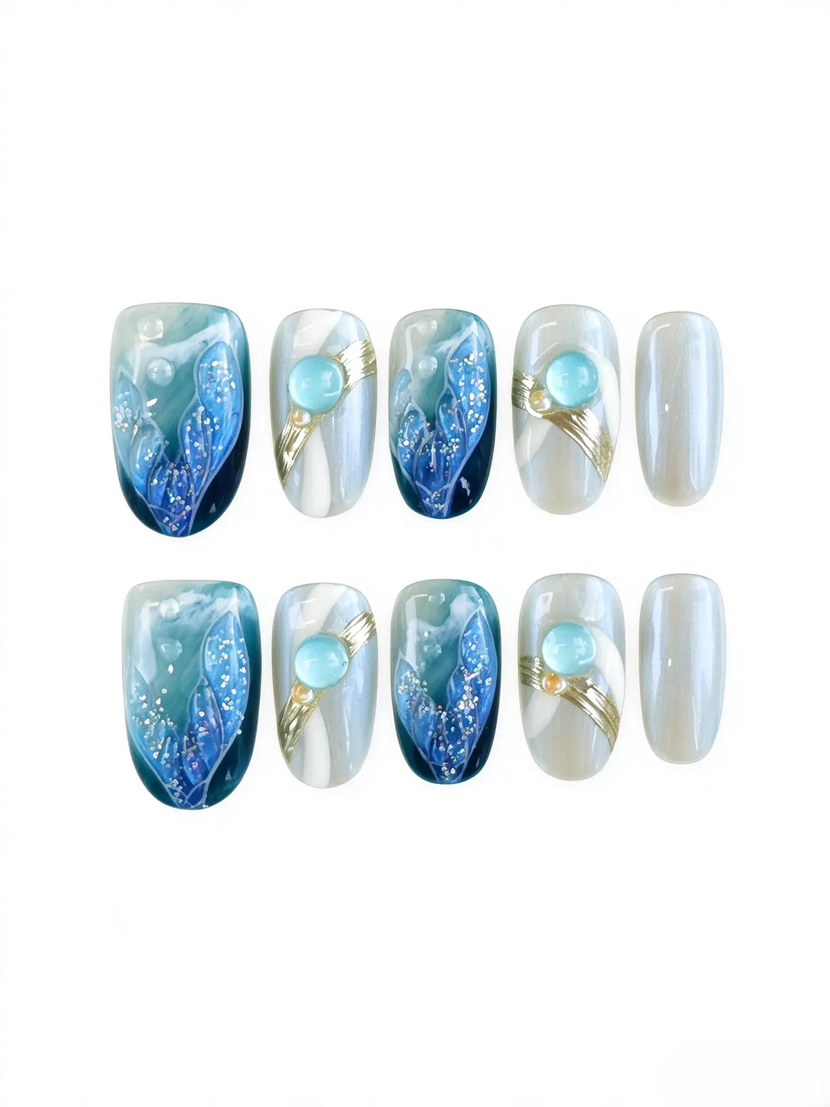 Ocean Mermaid Tail Blue Bead Gold Line Medium Square Nails