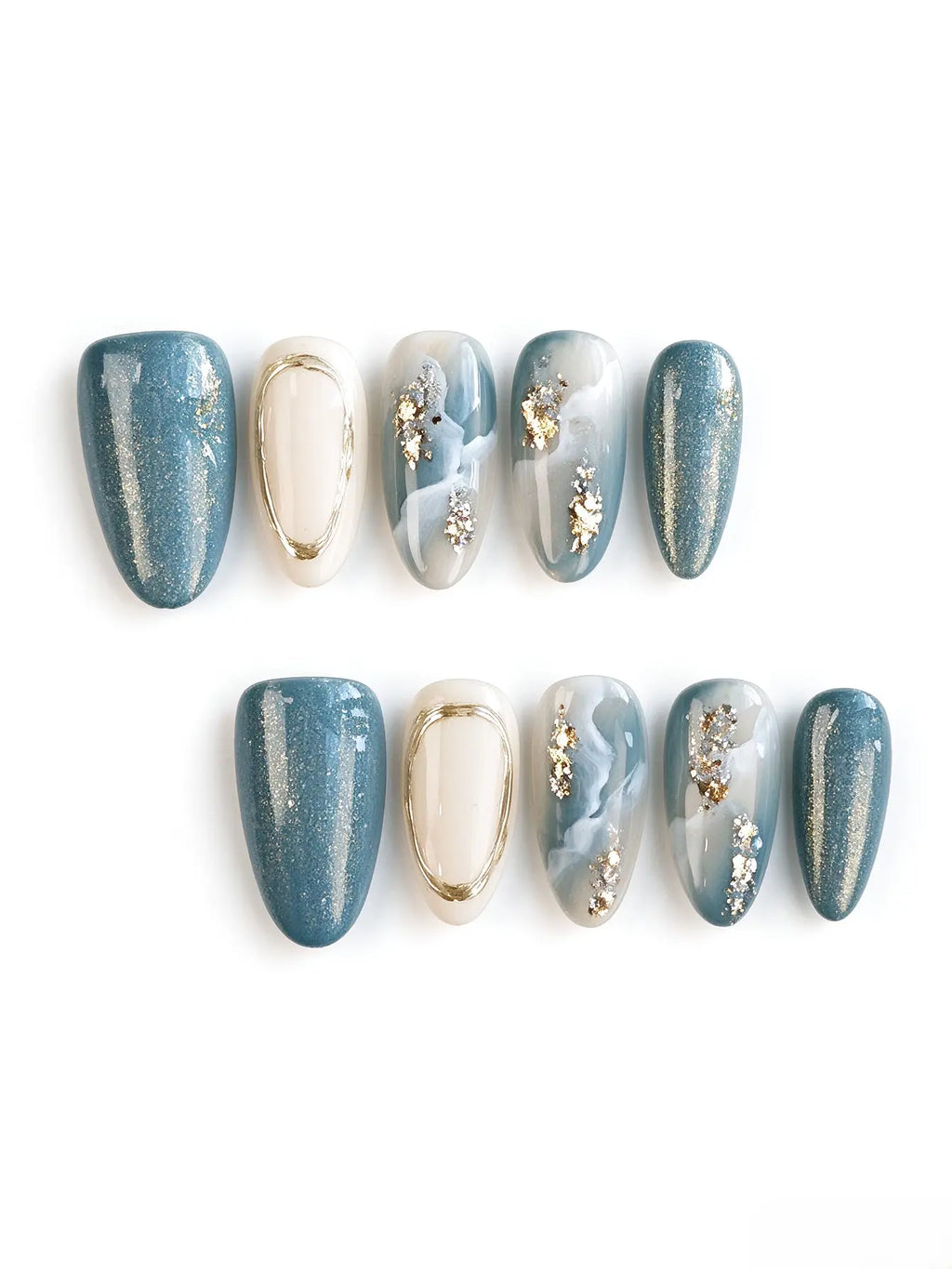 Teal Cat Eye Marble Gold Flake Medium Almond Nails