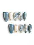 Teal Cat Eye Marble Gold Flake Medium Almond Nails