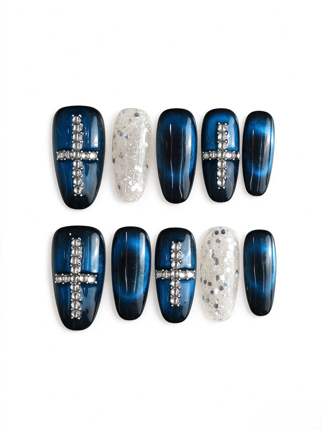 Deep Blue Cat Eye Cross Rhinestone Medium Tapered Square Nails