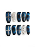 Deep Blue Cat Eye Cross Rhinestone Medium Tapered Square Nails