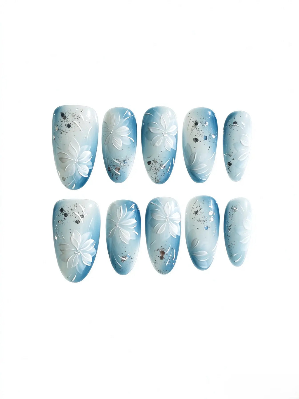 Soft Blue Gradient 3D White Flower Medium Almond Nails