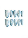 Soft Blue Gradient 3D White Flower Medium Almond Nails