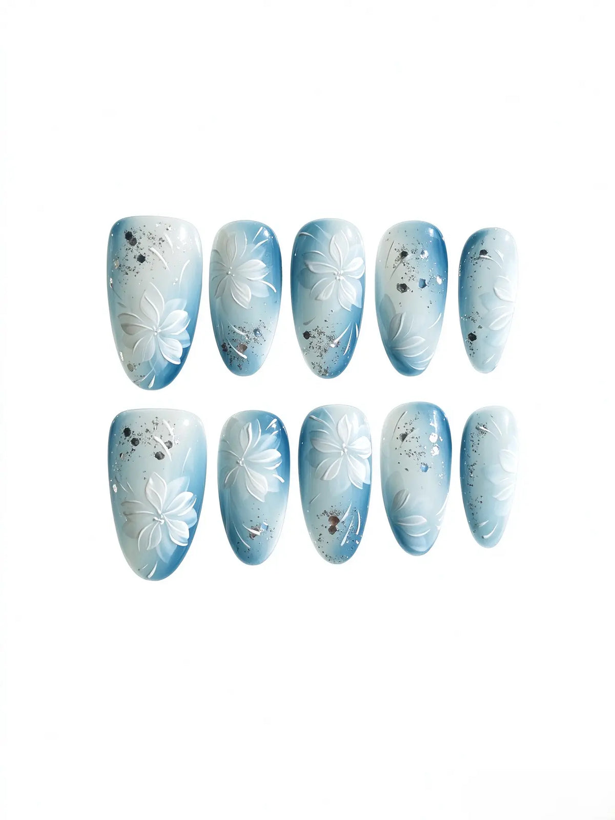 Soft Blue Gradient 3D White Flower Medium Almond Nails
