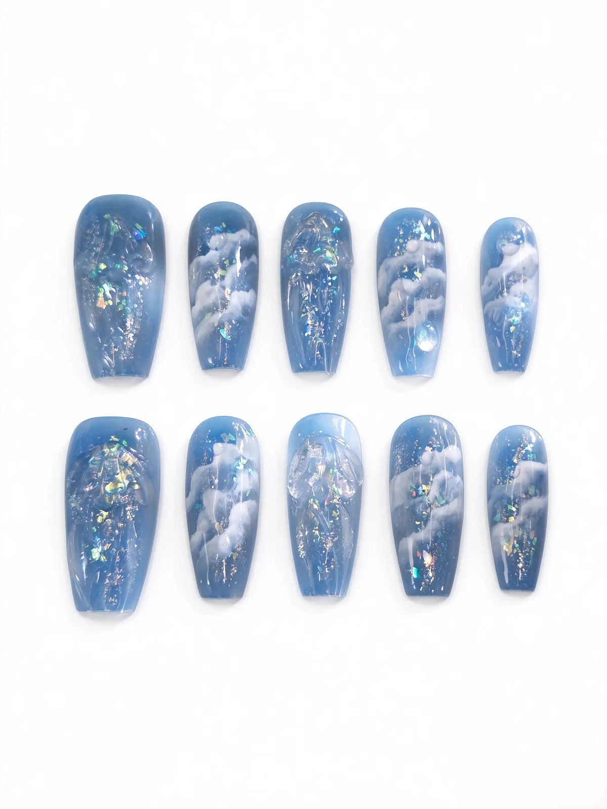 Clear Milky Cloud Holographic Flake Medium Tapered Square Nails