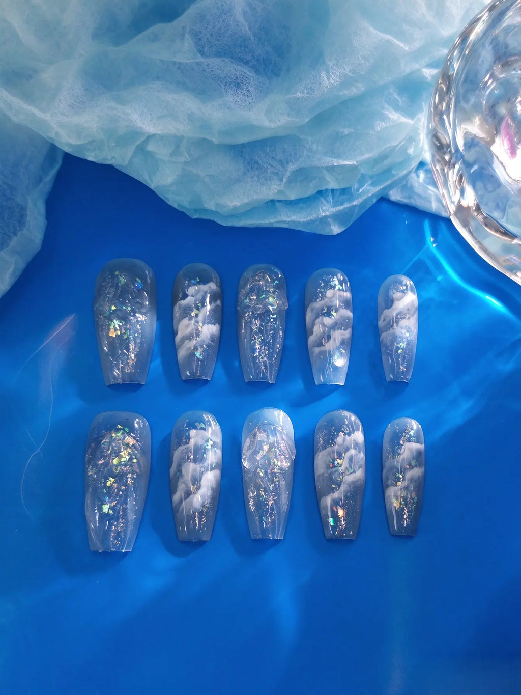 Clear Milky Cloud Holographic Flake Medium Tapered Square Nails