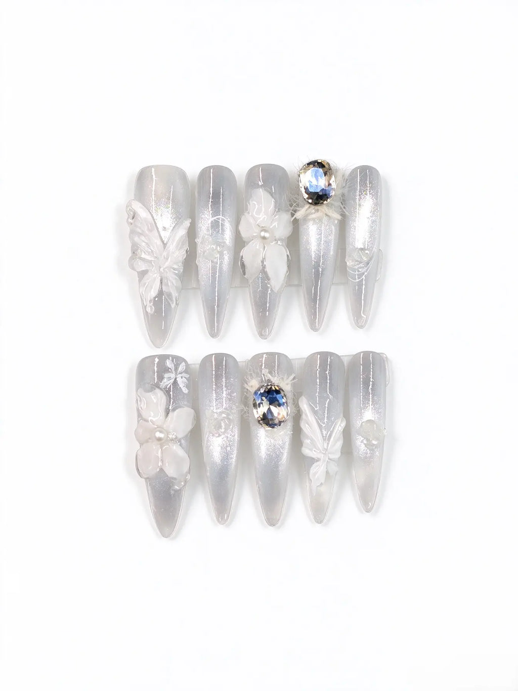 Luxury Handmade Bridal Press On Nails, 3D Butterfly & Crystal Long Coffin Nails