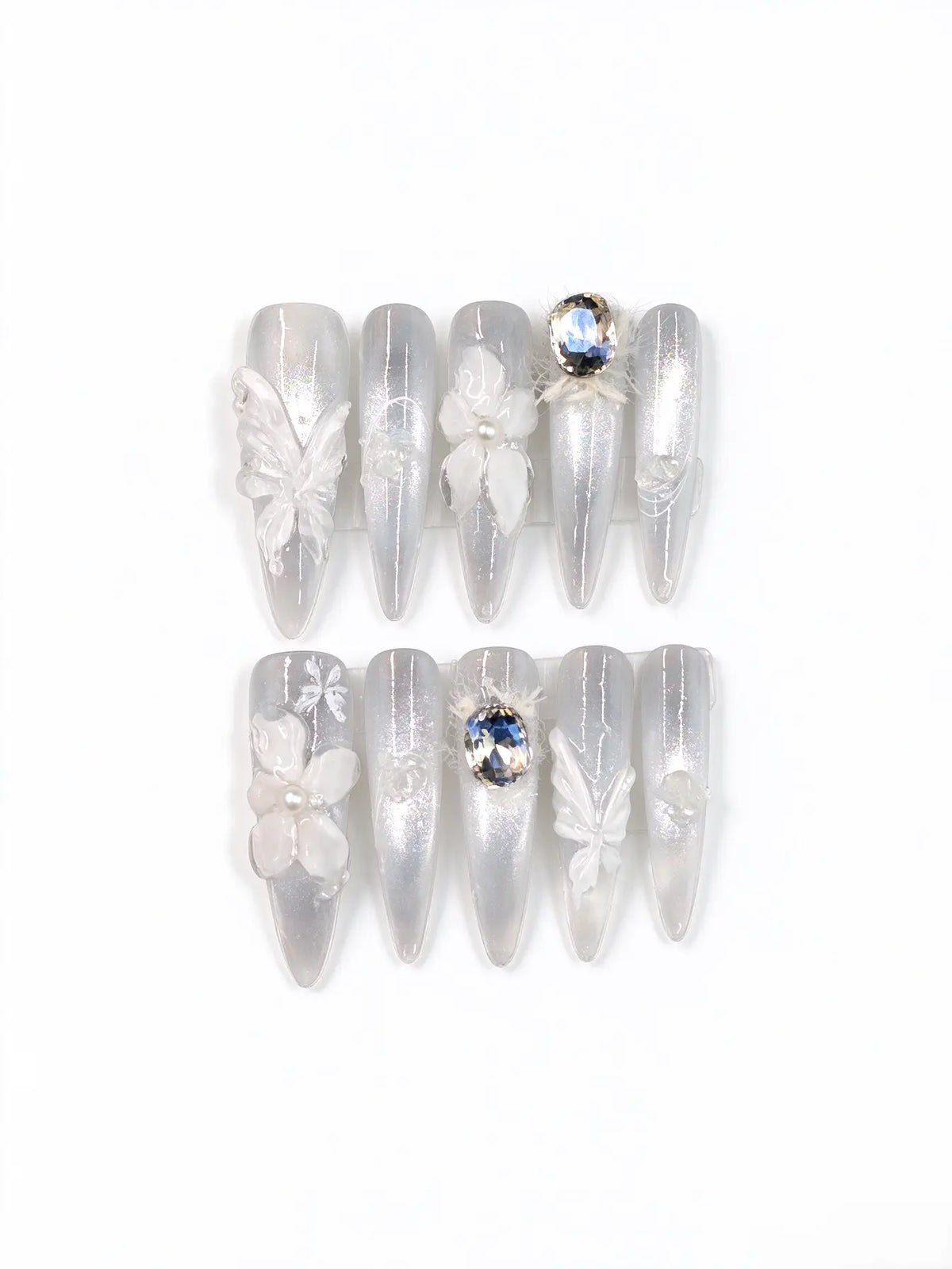 Luxury Handmade Bridal Press On Nails, 3D Butterfly & Crystal Long Coffin Nails