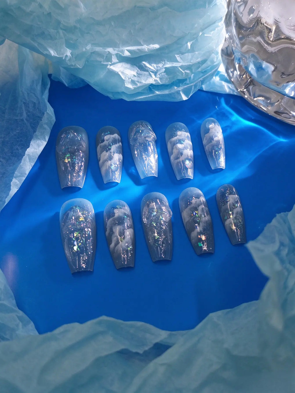 Clear Milky Cloud Holographic Flake Medium Tapered Square Nails