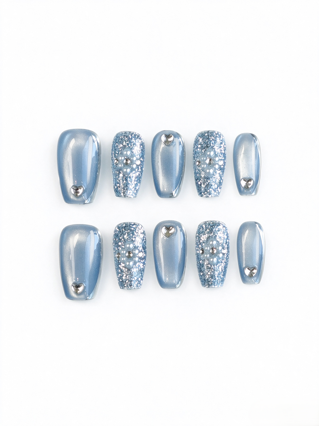 Ice Blue Cat Eye Heart Pearl Medium Square Nails