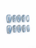 Ice Blue Cat Eye Heart Pearl Medium Square Nails