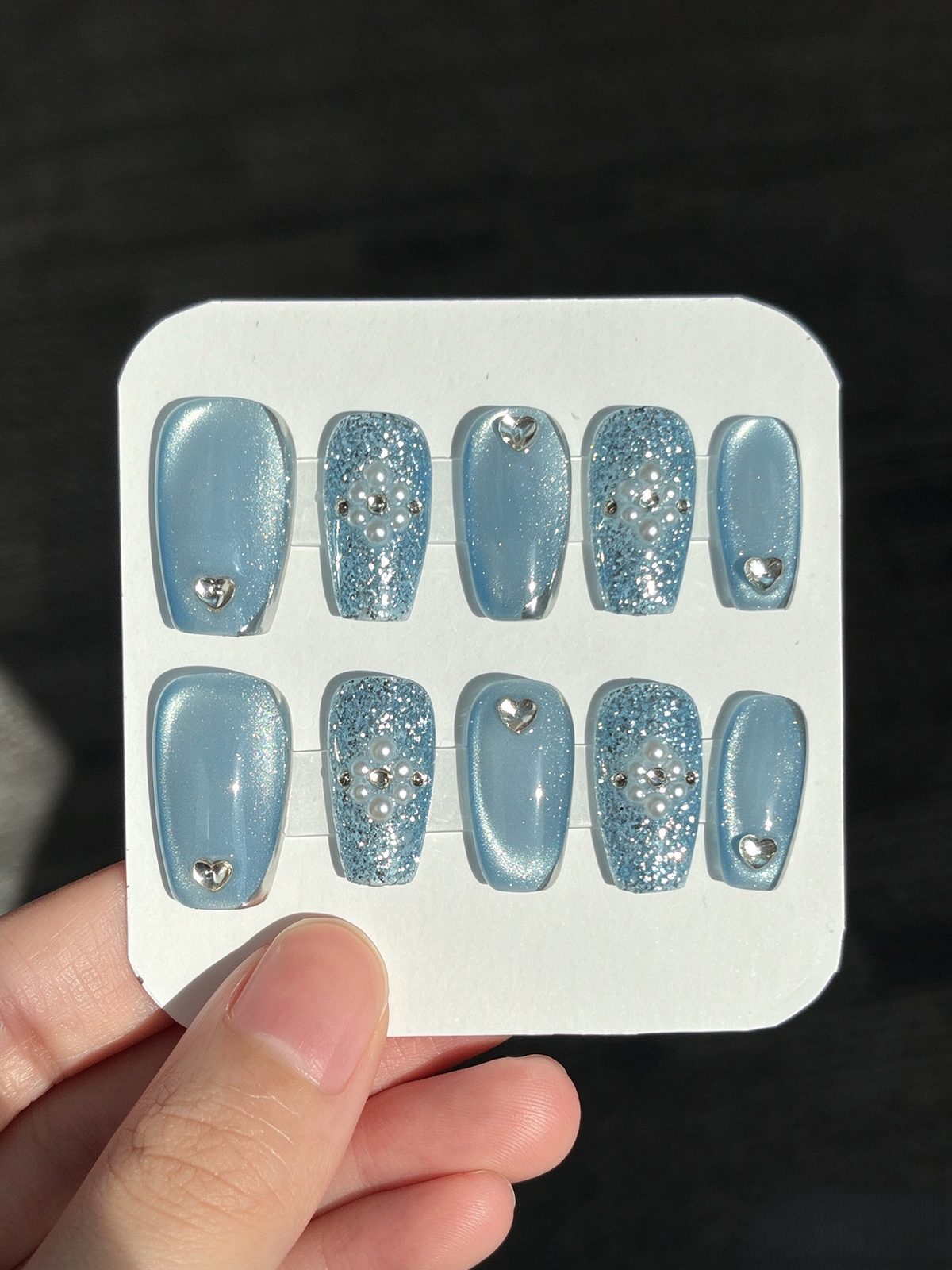 Ice Blue Cat Eye Heart Pearl Medium Square Nails