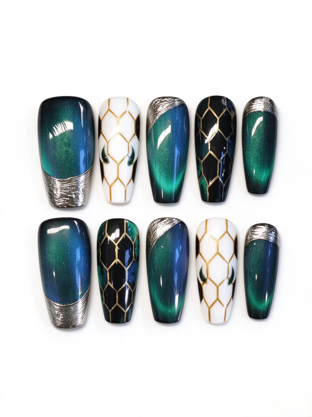 Emerald Green Cat Eye Honeycomb Medium Tapered Coffin Nails