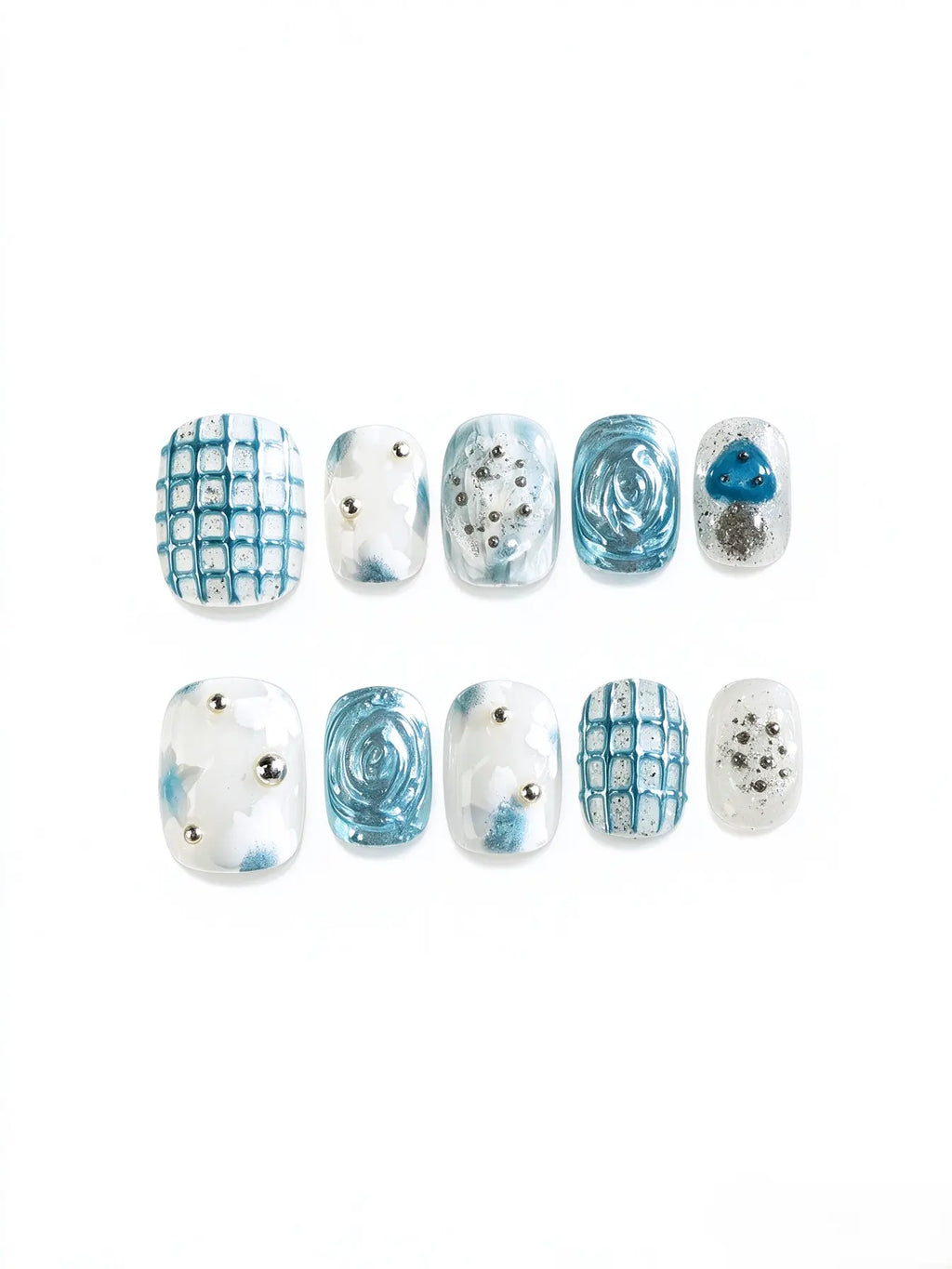 Sky Blue Grid 3D Rose Heart Short Square Nails