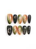 Forest Green Amber Ombre Moon Star Medium Almond Nails