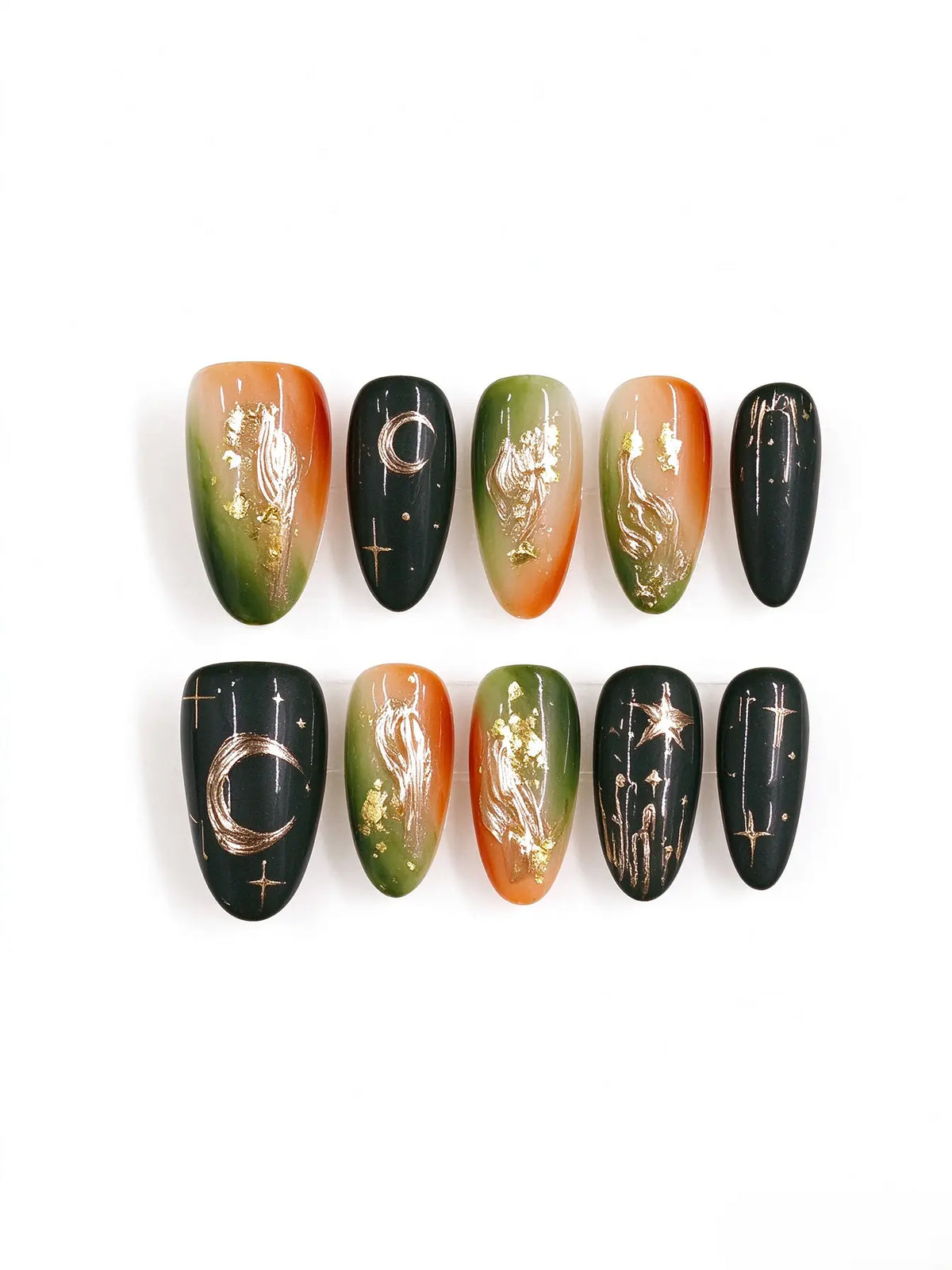 Forest Green Amber Ombre Moon Star Medium Almond Nails